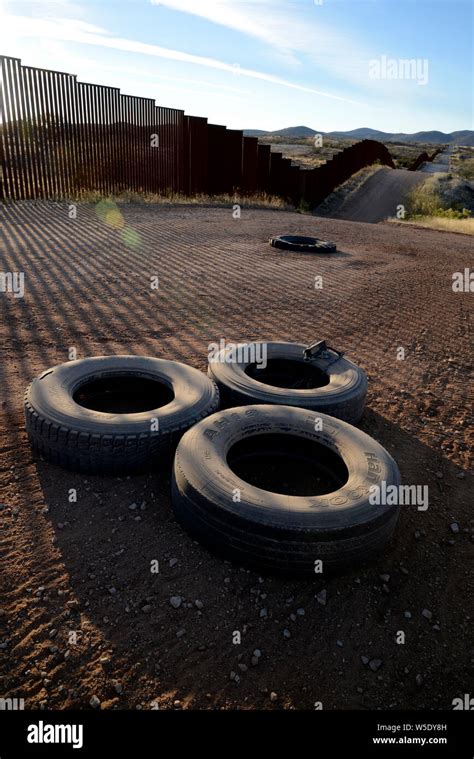 The border wall between Sasabe, Sonora, Mexico, and Sasabe, Arizona, USA, as seen from Arizona ...