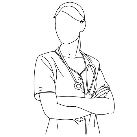 Illustration line drawing of a young medical nurse professional wearing uniform scrubs and a ...