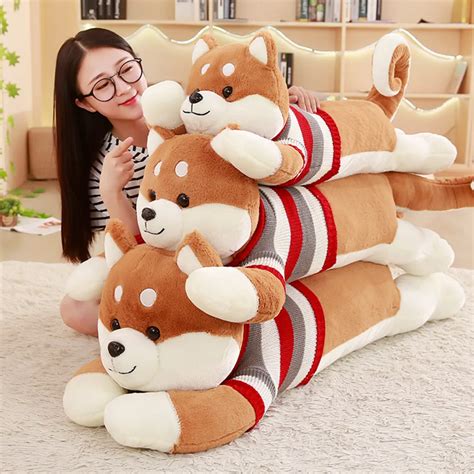 Stripe Sweater Shiba Inu Dog Plush Toy Stuffed Lying Brown Doggy Animals Doll Kids Companion ...