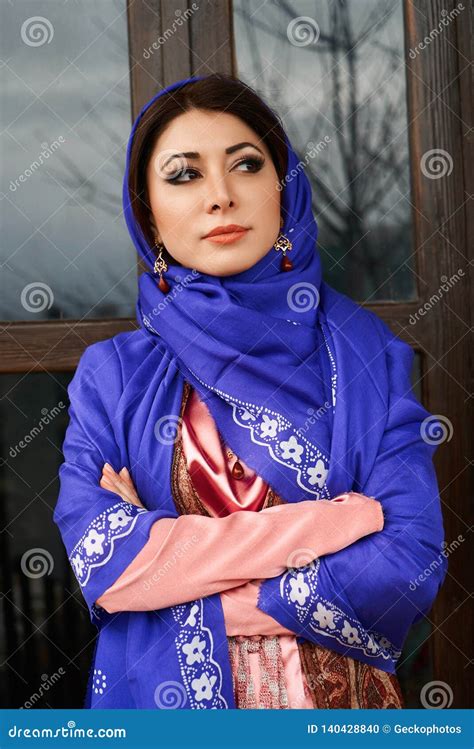 Beautiful Azeri Woman in Traditional Azerbaijani Dress Standing at the Wooden Window Stock Photo ...