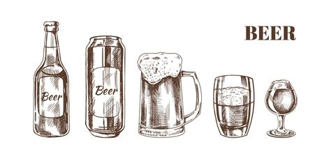 Hand-drawn sketch of beer can, beer bottle, beer glasses and beer mug isolated on white ...