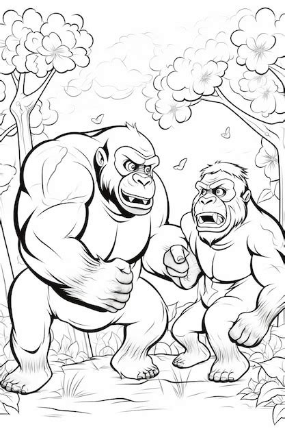 Premium Photo | A black and white drawing of two gorillas fighting in the woods generative ai