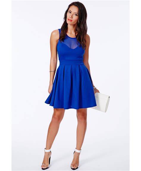 Missguided Colette Cobalt Blue Skater Dress With Mesh Detail in Blue ...