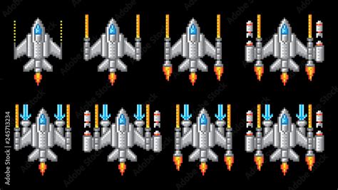 Vetor de Space ship 8 bit pixel art video arcade game cartoon with lots of different weapon and ...