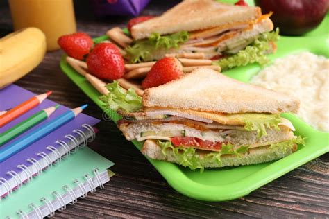 Serving Tray of Healthy Food and Stationery on Wooden Table, Closeup ...