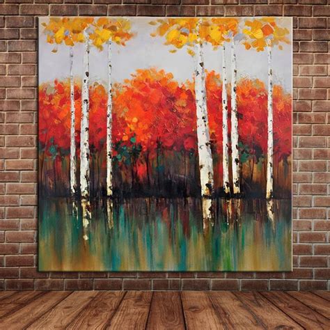 Amazing White Birch Tree Oil Painting on Canvas Autumn Red Yellow Leaves Abstract Landscape ...