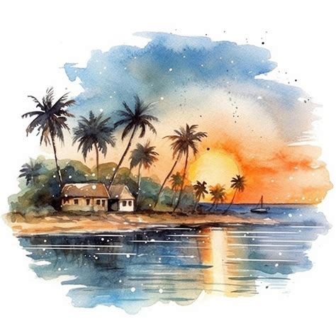 Premium AI Image | Painting of a watercolor painting of a tropical island with palm trees ...