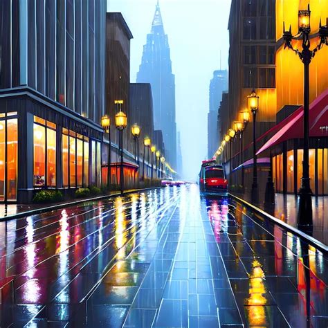 Cityscape painting during a rainy day | Premium AI-generated image