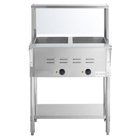 ServIt Two Pan Open Well Electric Steam Table with Undershelf, Overshelf, and Sneeze Guard ...