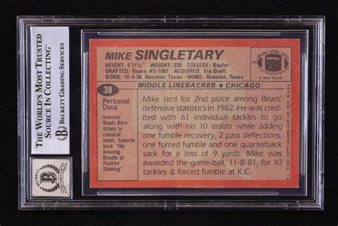 Mike Singletary Signed 1983 Topps #38 RC Inscribed "HOF 98" (BGS | Autograph Graded BGS 10 ...