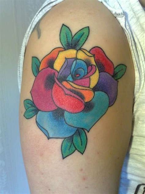 Rainbow Rose Tattoo On Right Shoulder | Colorful rose tattoos, Traditional rose tattoos, Rose tattoo