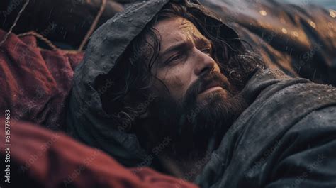 Portrait of Jesus sleeping in a fishing boat during the storm on the Sea of Galilee. Christian ...