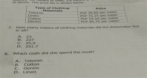 Solved: a meters of linen, 3.6 mete of denim. The price list is shown below. 7. How many meters ...