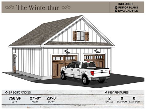 27' X 28' Detached 2 Car Garage, Workshop, Architectural Plans, Modern Farmhouse Design, Gable ...