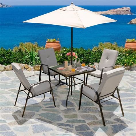 6 Pieces Patio Dining Set With Umbrella & Stackable Chairs