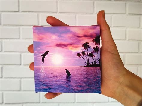 Tropical Dolphin Playing Purple Sunset Landscape Small Canvas - Etsy