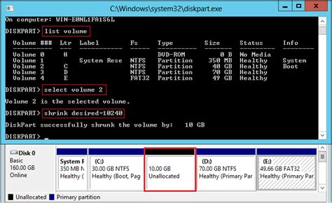 Shrink volume with diskpart command on Windows Server 2012