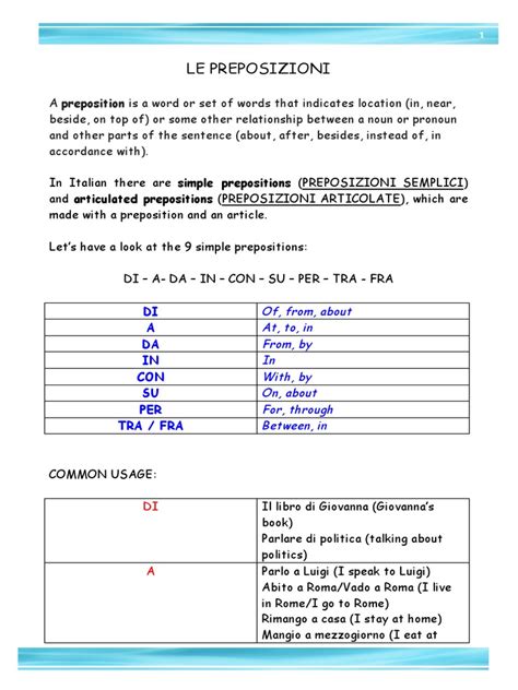 Cheat Sheet Italian Prepositions | PDF