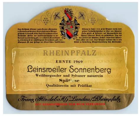 1970'S-80'S RHEINPFALZ SONNENBERG Spatlese German Wine Label Original S35E $15.00 - PicClick