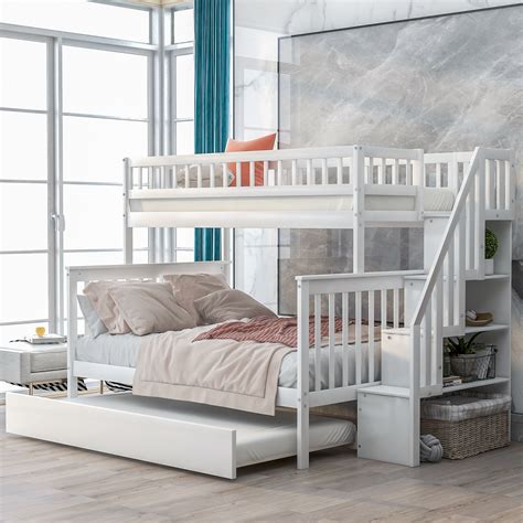 EUROCO Twin Over Full Bunk Bed with Trundle and Stairs for Kids, White ...