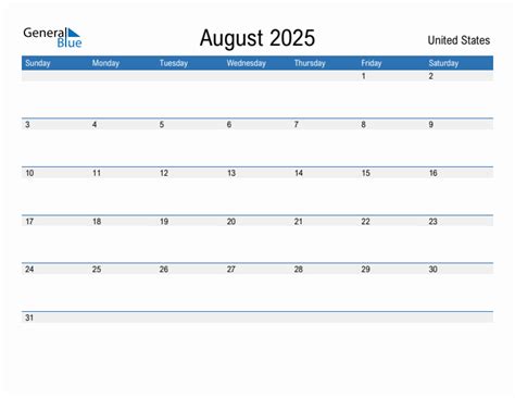 Editable August 2025 Calendar with United States Holidays