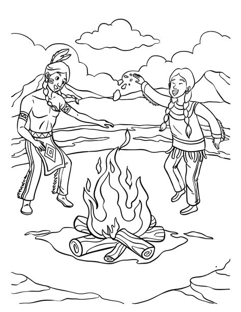 Native American Indian Fire Dancing Coloring Page Drawing First American American Vector ...