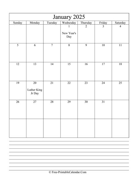 Free Printable Calendar January 2025 With Notes Template Pdf - Livy Kaylyn