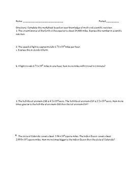 Scientific Notation Word Problems by Ms Ripas Teaching Materials