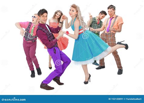 Youth Dance Troupe in Retro Costumes . Isolated on a White Stock Image - Image of band, adult ...