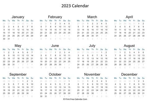 Print Free Calendar 2023