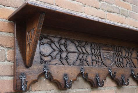 Antique Hand Carved Gothic Revival Coat Rack with Hand Forged Wrought ...