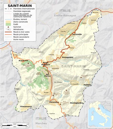 Large detailed political map of San Marino with relief, roads, cities and other marks in french ...