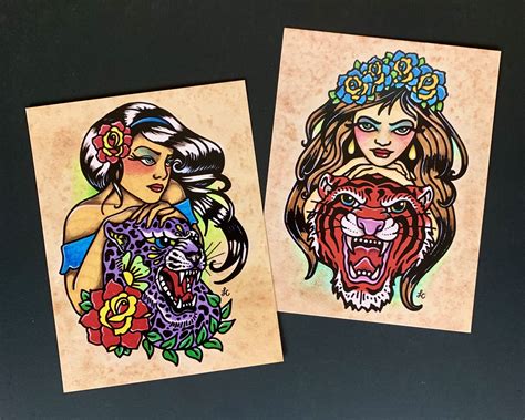 Traditional Tattoo Art Postcards Jaguar Tattoo Girl Tiger | Etsy