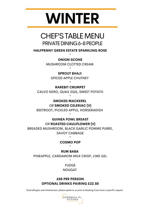 Chef’s Table Menu – Cornwall Place Kitchen