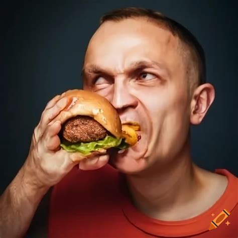 Man enjoying a burger in a fast food restaurant on Craiyon