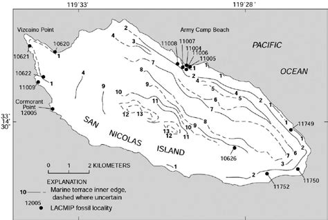 Map of San Nicolas Island, California, showing inner edges of marine... | Download Scientific ...