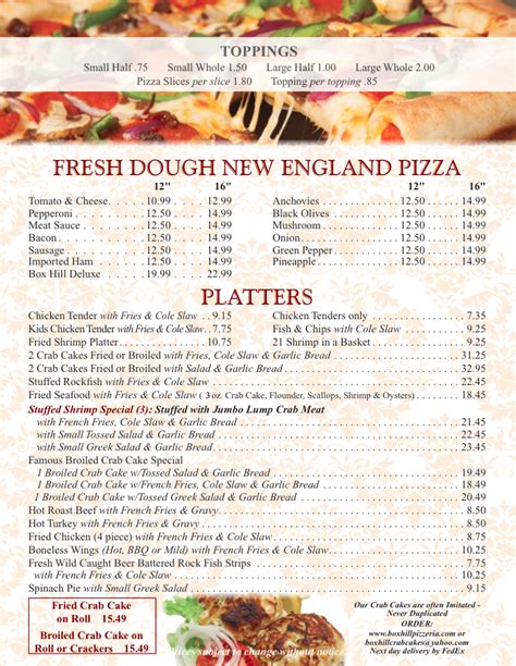 Box Hill Pizzeria Menu - Abingdon, Maryland (MD)