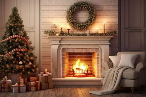 Premium AI Image | Cozy winter scene with a fireplace stockings and a ...