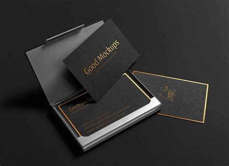 Free Black With Gold Foil Lettering Business Card Mockup PSD - Good Mockups