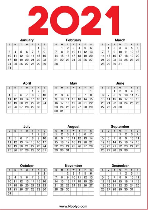 Printable Monthly Calendar 2021