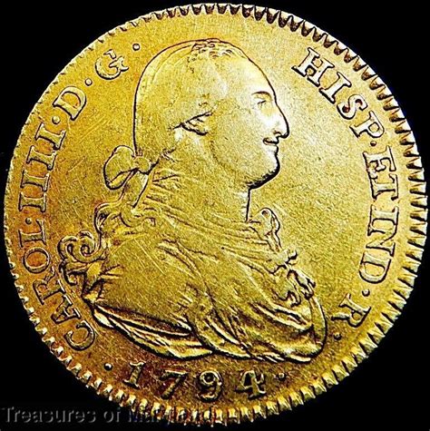 MADRID EARLY US $4 GOLD COIN! 1794 SPANISH COLONIAL 2 ESCUDOS DOUBLOON ...