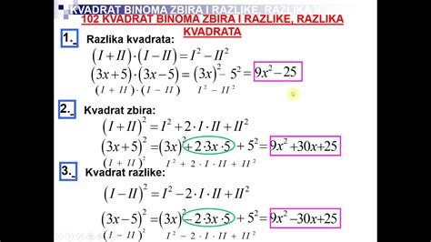 SEDMI 102 Kvadrat binoma zbira razlike i razllika kvadrata - YouTube