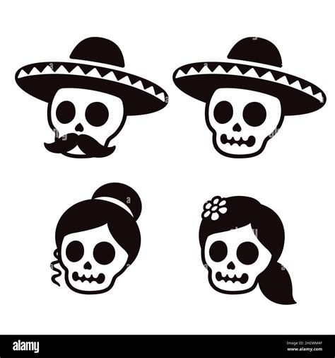 Cartoon Dia de los Muertos (Day of the Dead) Mexican skull family set ...