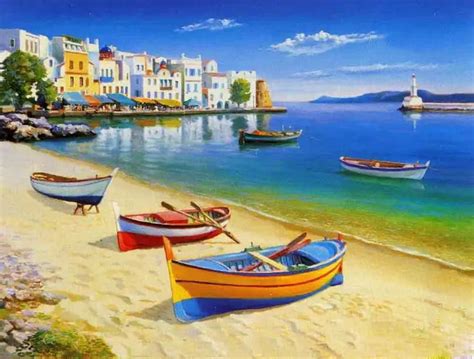 Mediterranean oil painting sea and ship,Handmade canvas painting,free shipping-in Painting ...