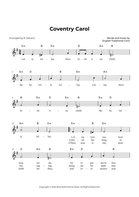 Coventry Carol (Key of E Minor) (arr. R. Salvario) by English Traditional Carol Sheet Music for ...