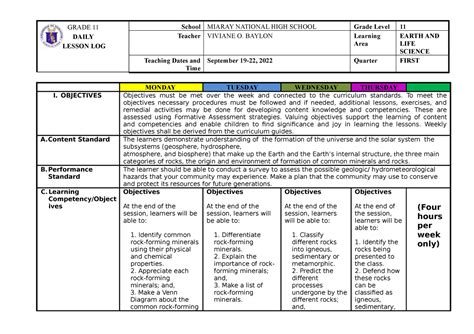 Earth AND LIFE Science DLL - 5th week - GRADE 11 DAILY LESSON LOG ...