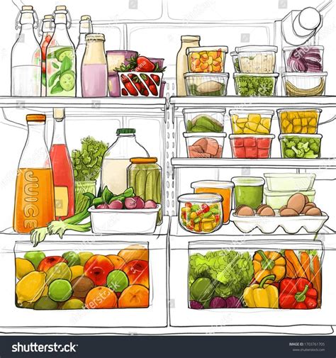 Open fridge with food, salad, fruits, juice. Vegetarian food set. Watercolor painting #Ad , # ...