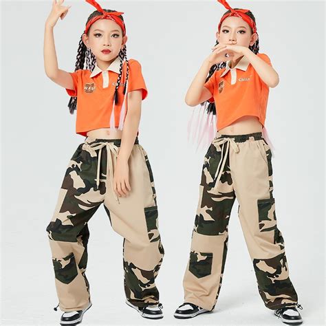 2023 Hip Hop Dance Clothes Girls Orange Tops Camouflage Cargo Pants ...