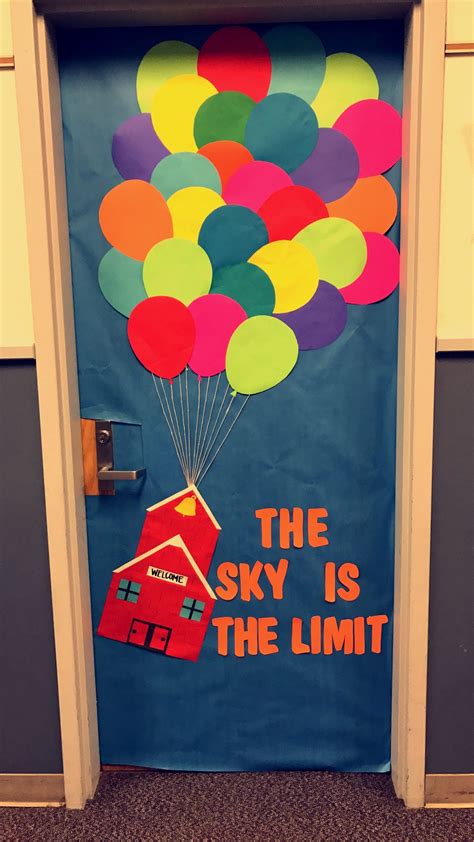 The sky is the limit classroom door decoration up balloons welcome door school house colorful ...