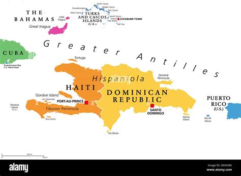 Hispaniola and surroundings, colored political map. Caribbean island ...